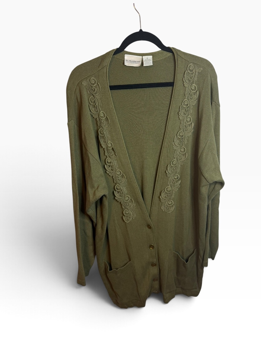 Elisabeth Liz Claiborne Vintage Olive Green Boho Embroidered Cardigan Sweater